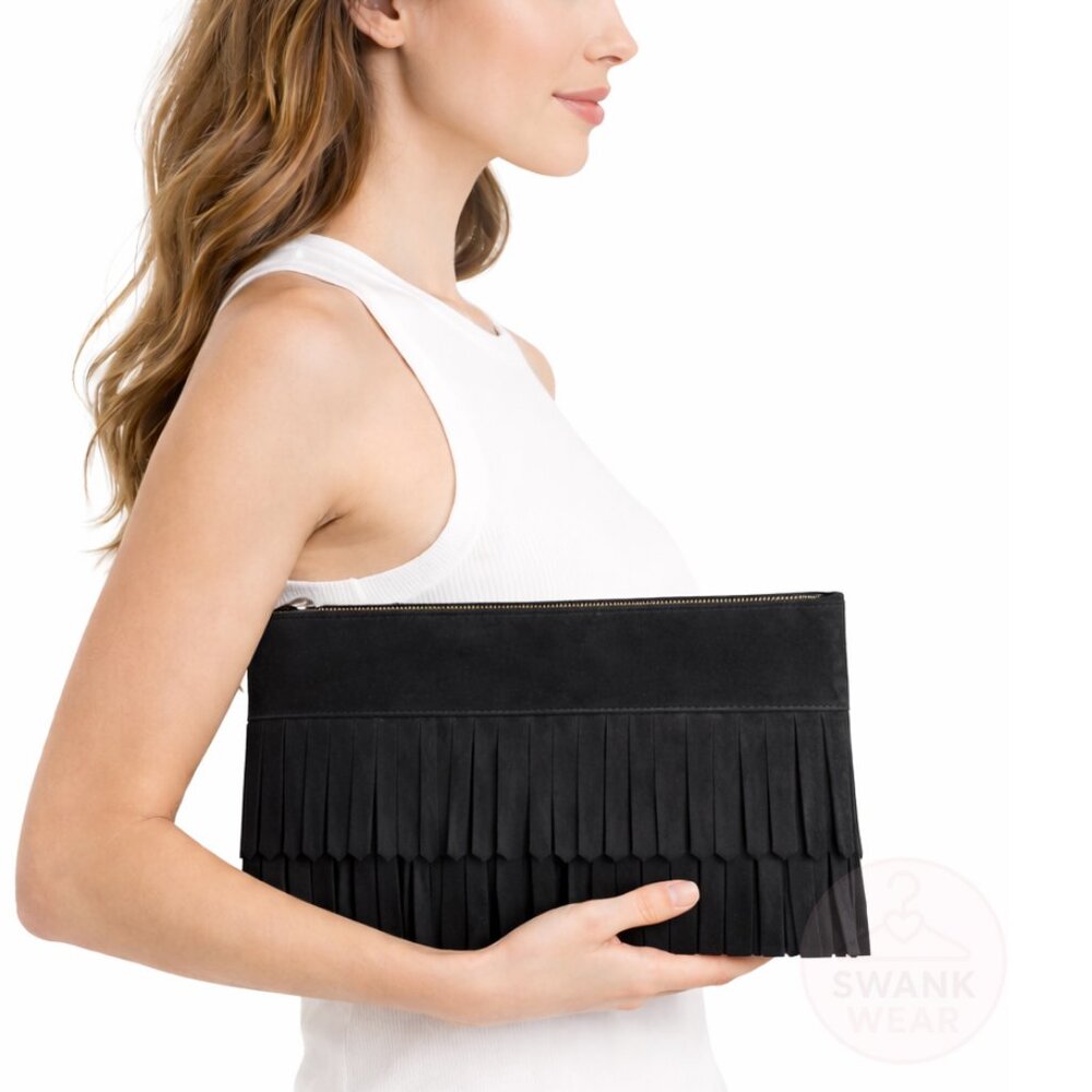 Madewell Suede Fringe Clutch Bag Genuine Leather | Black
